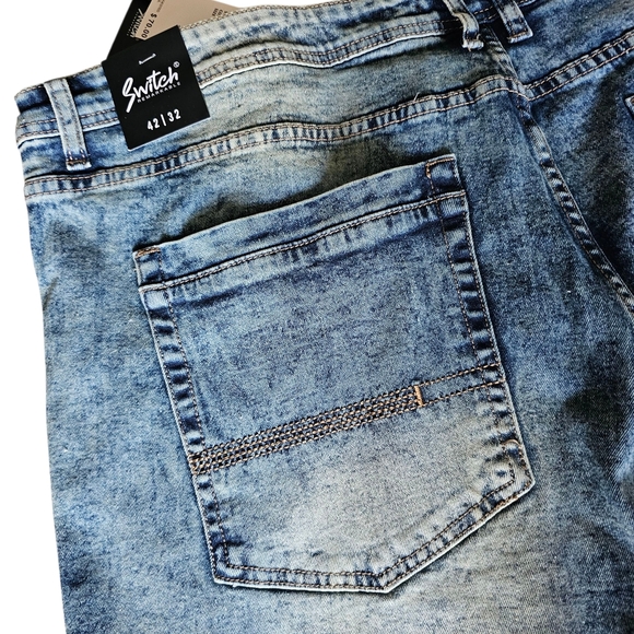 Men's Blue Slim Taper Fit Distressed Jeans with Fading - Picture 8 of 11